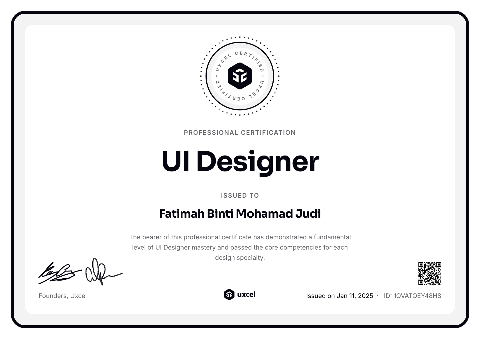 Fatimah Binti Mohamad Judi's certificate